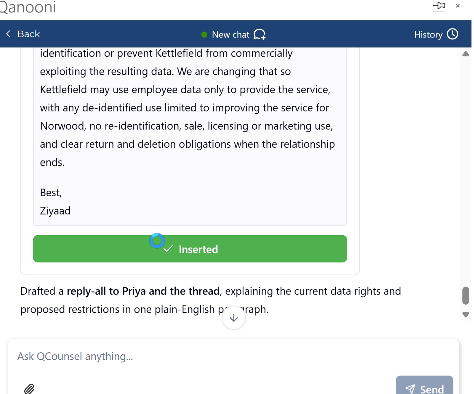 Qanooni in Outlook with a reply to the counterparty drafted from the matter and inserted into the open email thread.