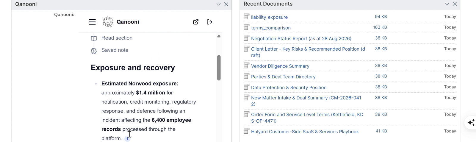 QCounsel answering an exposure question on a fictional master services agreement, with Actionstep matter documents and numbered citations.
