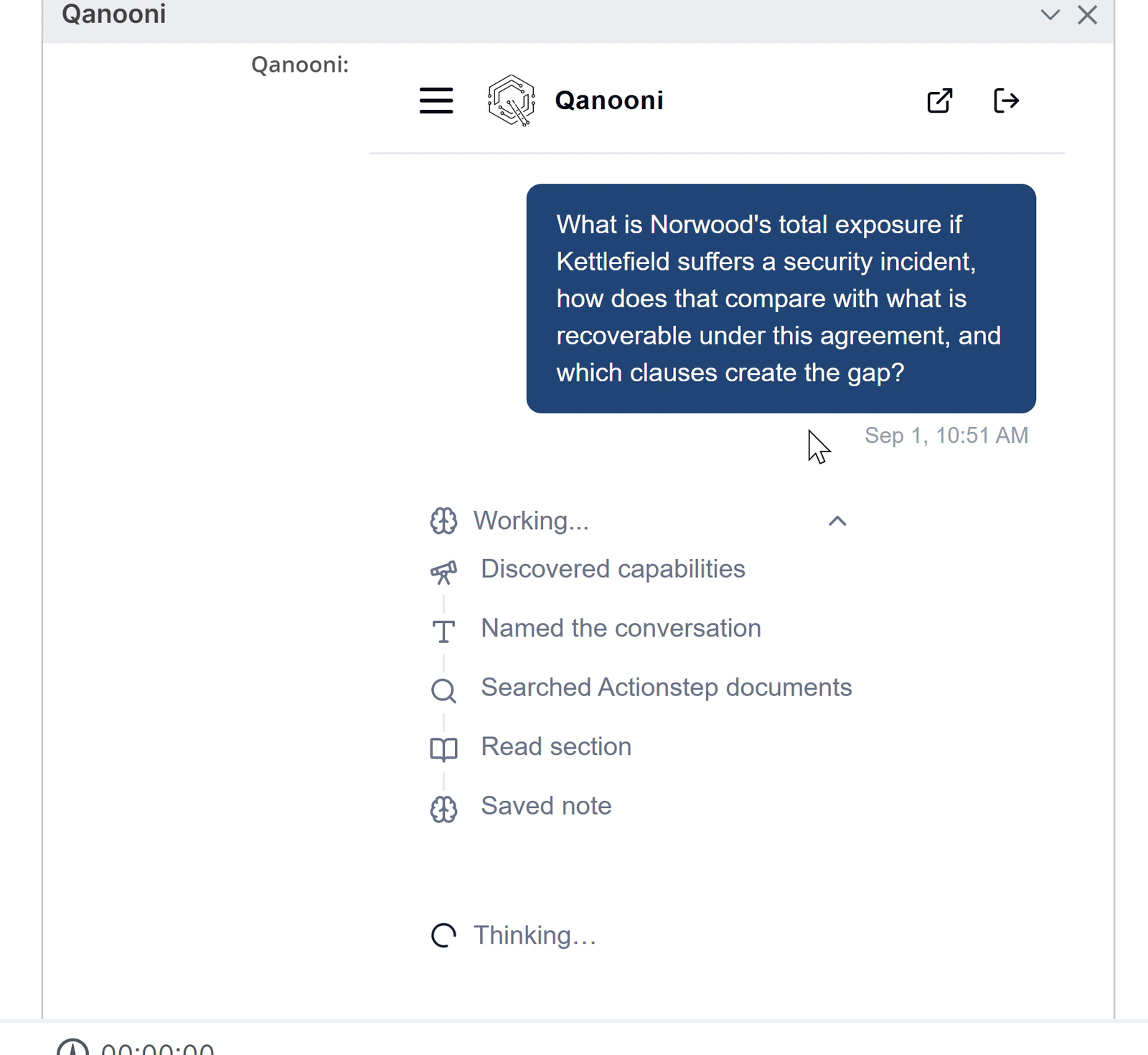 QCounsel showing that it searched Actionstep documents, read the relevant section and saved a research note to the fictional matter.