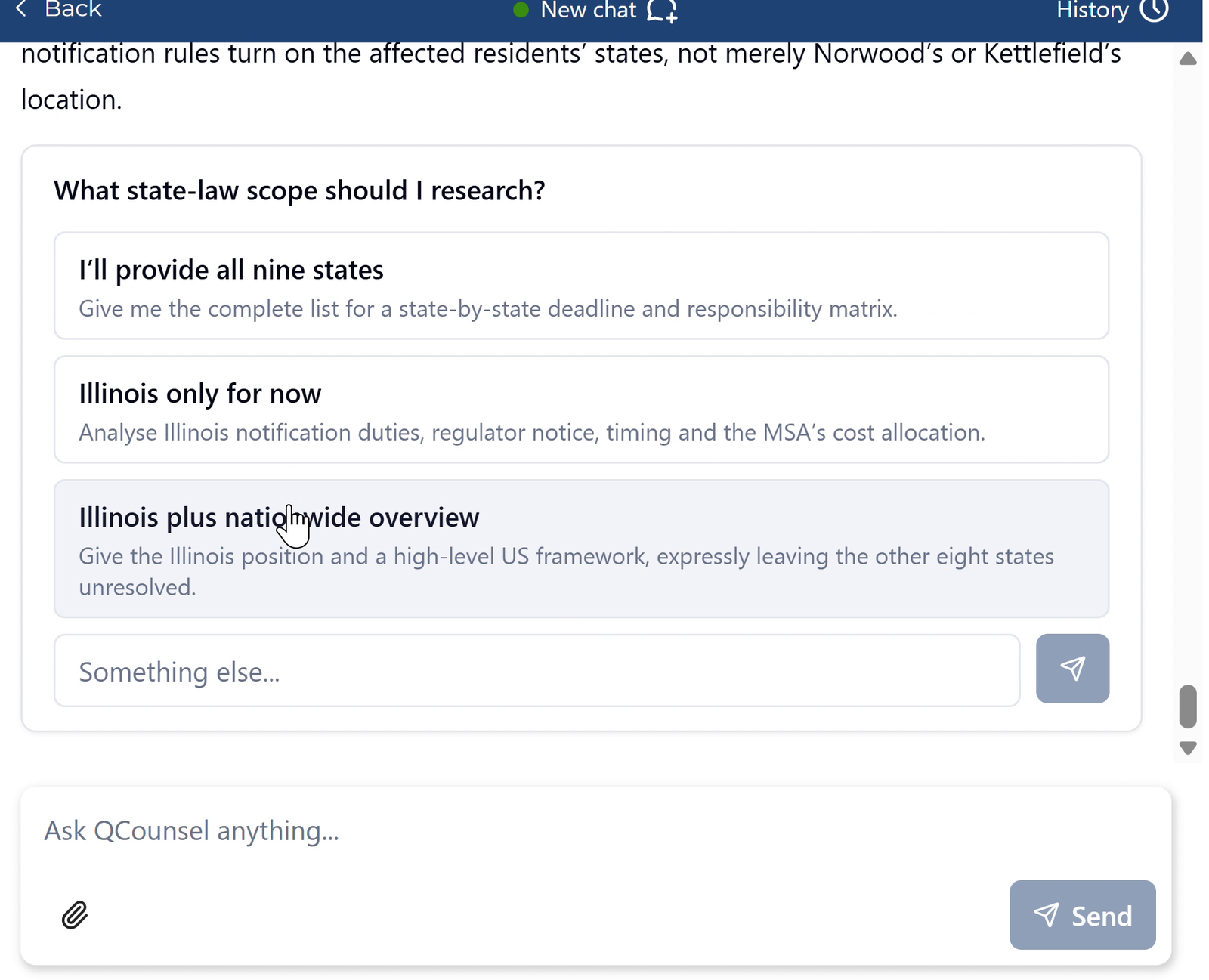 QCounsel asking which state-law scope to research before answering a breach-notification question on a fictional US matter.