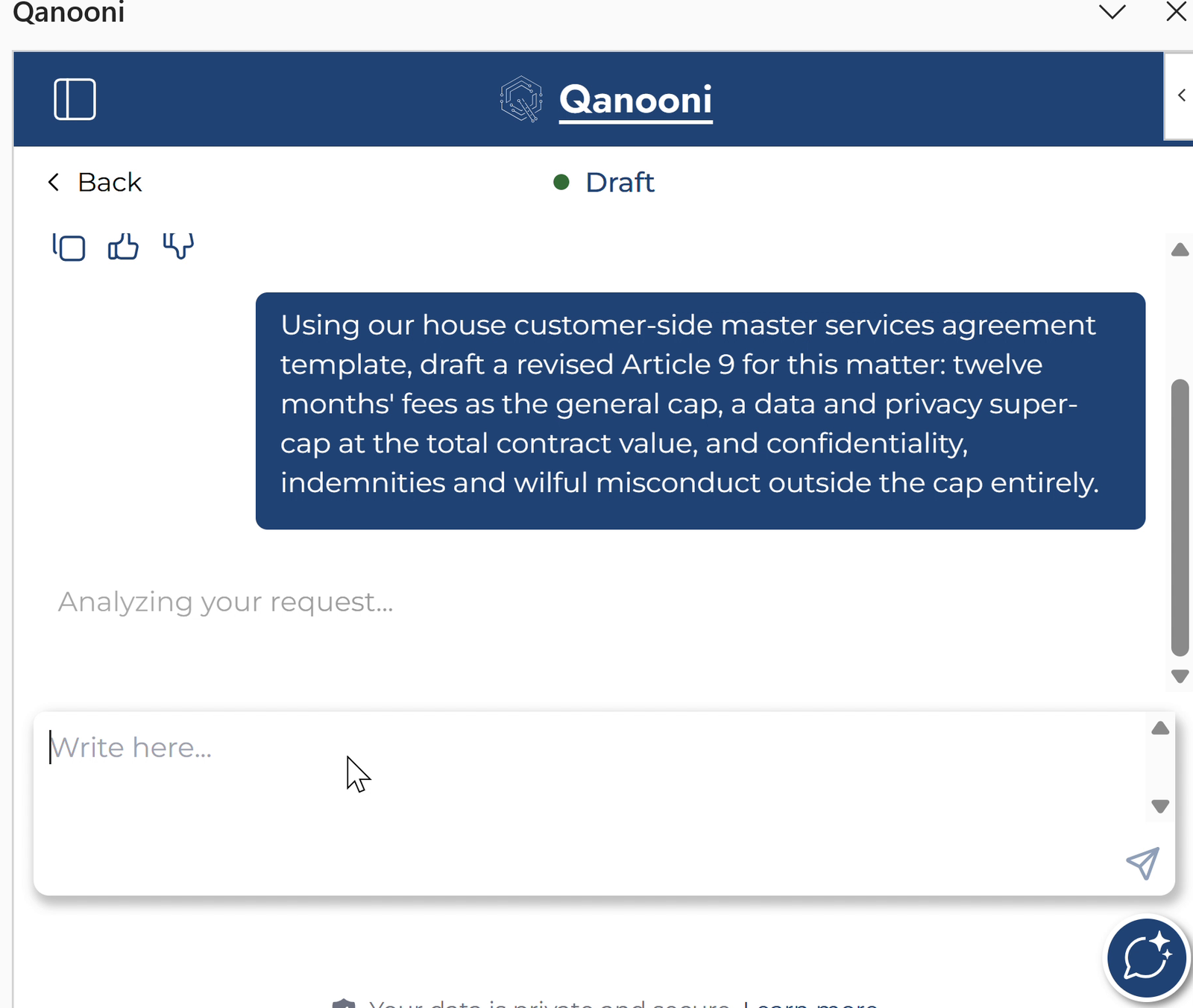 A QDraft request in Word for a revised Article 9 using the firm's customer-side master services agreement template and agreed positions.