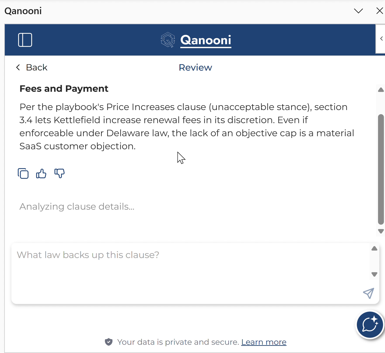 A QRedline finding on the fees and payment clause of a fictional agreement, explaining the playbook position and governing-law context.