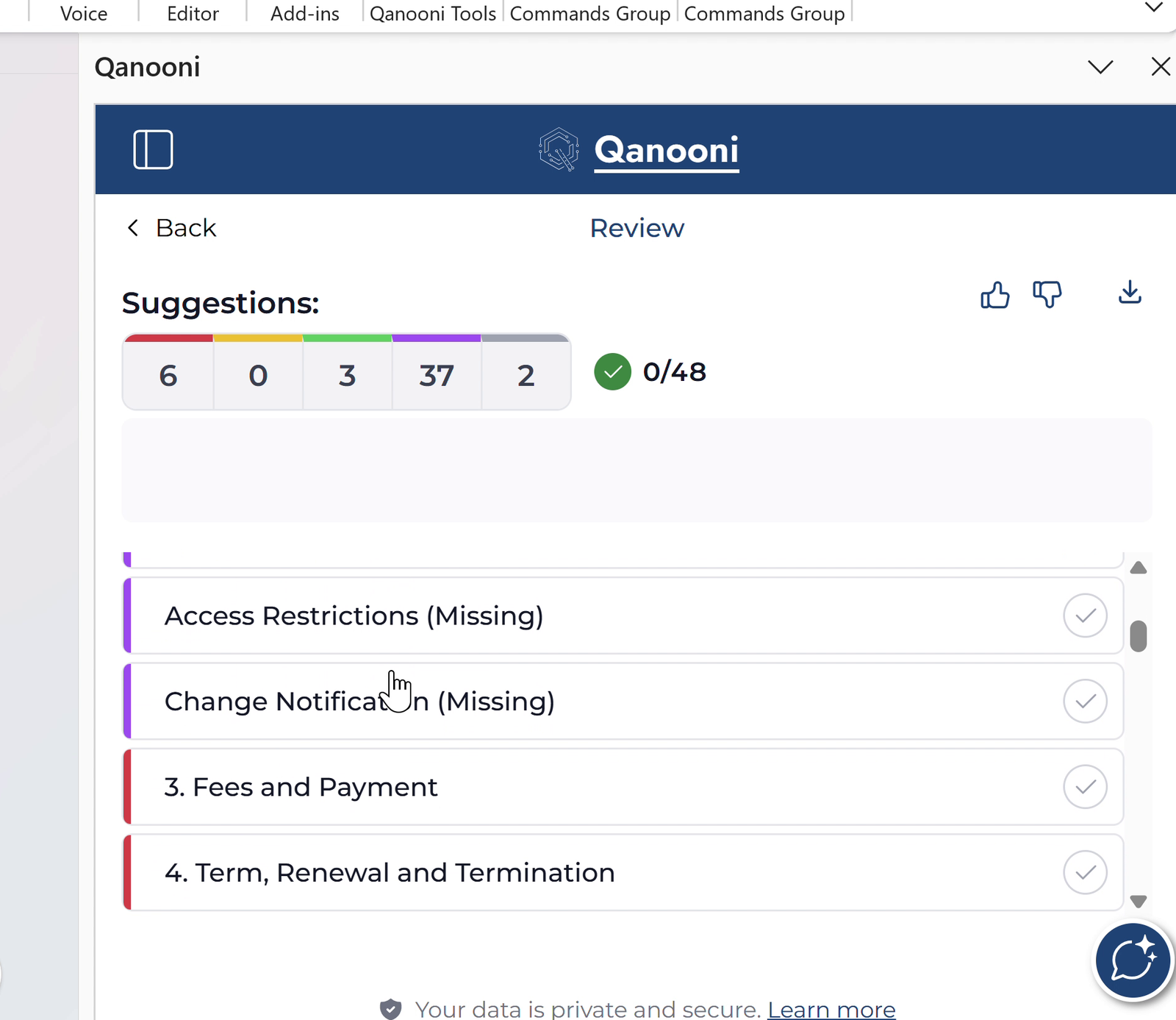 Qanooni Review in Microsoft Word showing 48 suggestions on a fictional master services agreement, grouped by severity, with missing provisions named.
