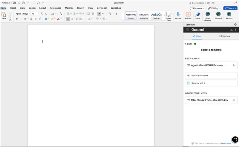 Qanooni Microsoft Word plug-in interface showing options to use precedent, upload a document, or generate with AI
